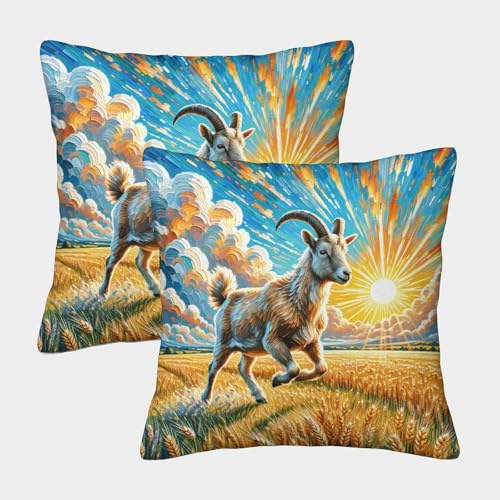 WXLWHR Fundas De Cojines con Cabra Juego De 2 Funda Almohadón Campo Trigo Cabra con Cremallera Poliéster Decorativa para Sala De Estar Sofás 45x45cm