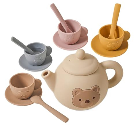 Tea Set for Toddler | Silicone Teas Play Set for Children | Afternoon Children TeaParty Sets with Teapot, Cups, Mats, Spoons and Tray | Play Kitchen Accessories Toy Gift for 3 4 5 Years Old Girls Boy