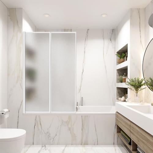 ISOISL Mampara de ducha para bañera de plástico, antiastillas, 100 x 140 cm, 2 piezas, plegable, marco de aluminio blanco, montaje a izquierda y derecha, con aspecto mate