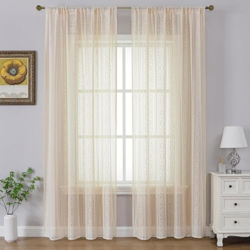 Gazal Vole Boho Crochet Curtains for Living Room and Doors – Shabby Chic Lace Window Drapes, Vintage Geometric Macrame Net Curtains, Sheer Liner for Bedroom, Rustic Style (Beige, 2 Panels)-55x96 inch