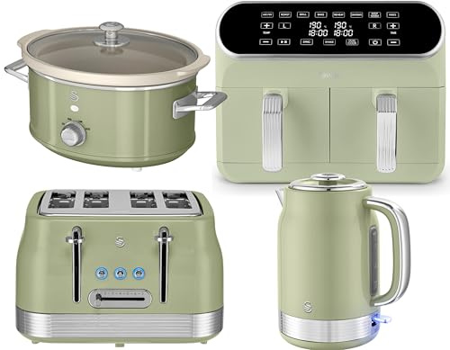 Swan Retro Revive Green Kitchen Set – 1.7L Kettle, 4-Slice Toaster, Retro 3.5L Slow Cooker & 8L Dual Basket Air Fryer – Vintage Green Retro Kitchen Appliances with Chrome Accents