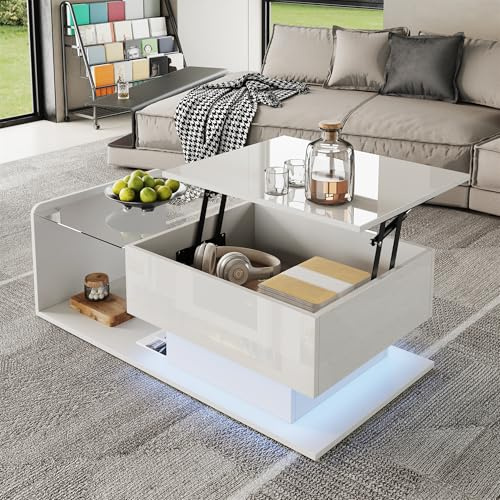 SACOOL Mesa de centro de cristal blanco brillante efecto LED con tapa de cristal