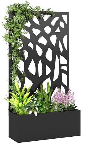 Outsunny Metal Raised Garden Bed with Trellis, Outdoor Planter Box with Privacy Screen, Elevated Garden Box for Climbing Plants, Flowers, Vegetables, 61 x 23 x 113 cm, Black