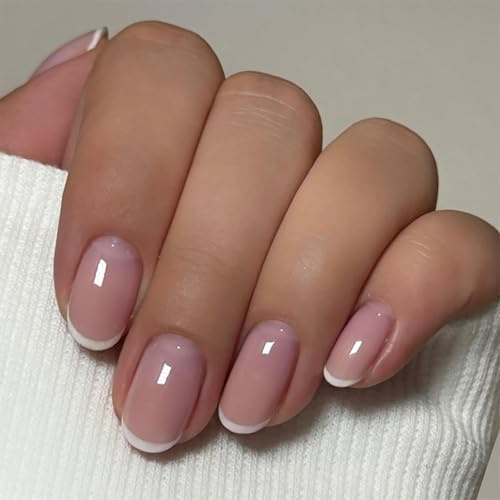 24 Stück French Press on Nails Kurz Almond - Falsche Nägel Wiederverwendbar Full Cover Kunstnägel Nagel mit Nagelkleber - Für Frauen DIY Nageldesign (French Oval)