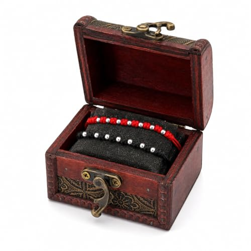 Pulseras de La Leyenda del Hilo Rojo del Destino con Cofre del Tesoro 7 Bolas Plata. Pulseras Hilo Negro y Rojo. Regalos Originales Parejas