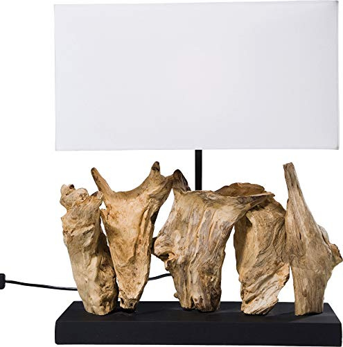 Kare Design Tischlampe Nature, Braun/Weiß, Tischleuchte, Massivholz, Baumwoll Schirm, rechteckig, Schreibtischlampe, Holz, kein Leuchtmittel inklusive, 43x35x15 cm (H/B/T)