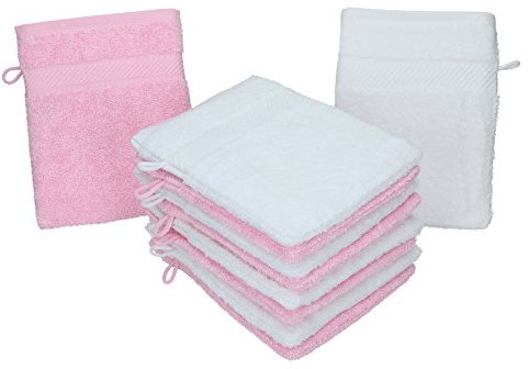 Betz Paquete de 10 Piezas de Manoplas de baño Palermo 100% algodón Juego de Guantes para lavarse tamaño 16x21 cm de Color Blanco y Rosa
