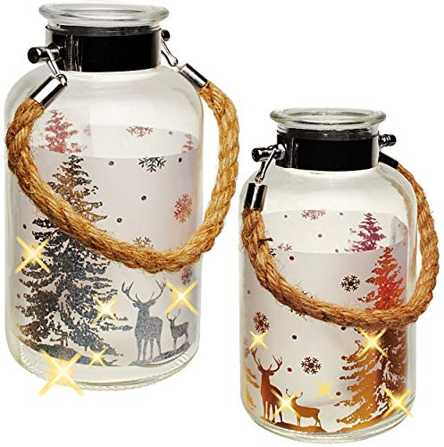 alles-meine.de GmbH XL Glas - Windlicht - LICHT Dekoflasche - 5 Stück LED - Weihnachten - Hirsch im Winterwald - 20 cm - Flasche - Weihnachtsflasche - Lichterflasche mit Beleucht..