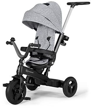 Kinderkraft Trehjuling TWIPPER, babycykel med tryckstång, 360° vridbar sits, med sufflett, 5-punkts säkerhetsbälten, fotstöd, tillbehör, ringklockan, mugghållare, från 9 månader till 5 år, grå