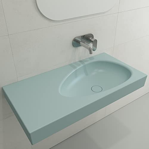 BOCCHI Etna Wall-Mounted Sink Fireclay 35.5 in. with Matching Drain Cover in Matte Ice Blue