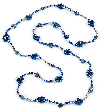 Avalaya Lång blå/transparent glaspärla skal klimp blommigt halsband/132 cm L