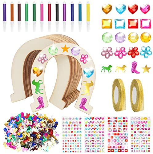 NAEBRO 42 Stück Hufeisen aus Holz – Dekoration mit Aquarellstift und Aufklebern – Handwerk für Kinder-Party