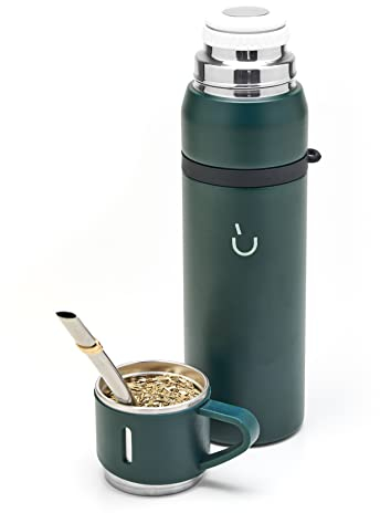 BALIBETOV Camping Thermoskanne Mate Tee Set - enthält Vakuumisoliert Mit Doppelter18/8 Edelstahl Mate Tee Becher und Thermoskanne, Bombilla(Mate Strohhalm) und Eine Reinigungsbürste (Grün)