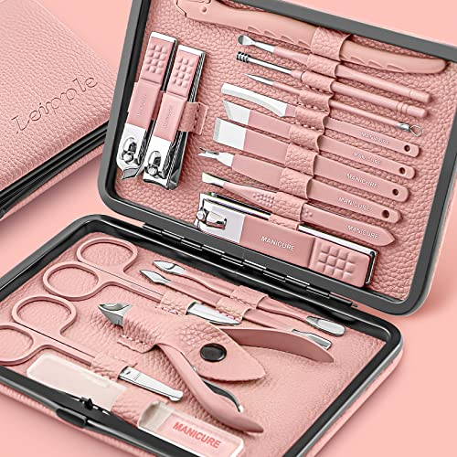Leipple Maniküre Set Professionelles Nagelknipser Kit Pediküre Kit -18 stücke Pflegeset aus Edelstahl Nagelpflege Werkzeuge mit luxuriöser Leder Reisetasche (Rosa)