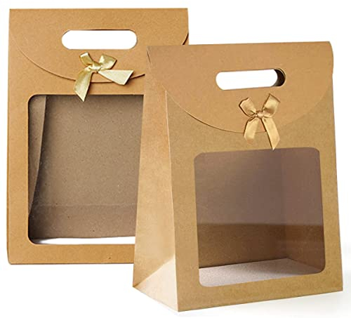 20 Pièces Sac avec Fenetre, Boîte en Papier Kraft, Transparent, Marron, avec Poignées, pour Emballer des Cadeaux de Banquet, des Bonbons, des Biscuits
