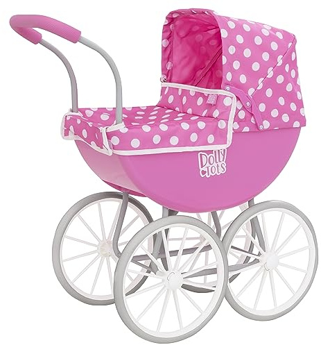 Dolly Tots Mein erster Kinderwagen | Puppenwagen im traditionellen Stil | Hochwertiger englischer Transportwagen | Kinderwagen zum Schieben mit weißen Rädern und passender Bettwäsche | ab 3 Jahren