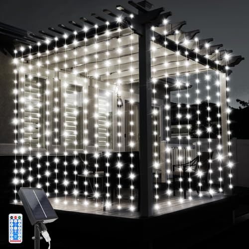 JIMACRO Solar Vorhang Lichterkette, 3Mx3M Solar Lichtervorhang 10 Pcs String Lichter 8 Modi 300 LED Wasserdichte Lichterkette Fernbedienung für Außen Garten Pavillon Balkon Hochzeit Party Deko