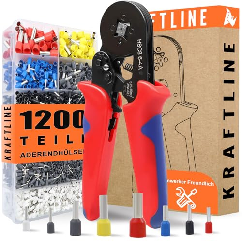 Kratline® Crimpzange Aderendhülsen Set 0,25-10 mm² – Aderendhülsenzange inkl. 1200 isolierten Aderendhülsen – Selbsteinstellende Quetschzange mit Ratsche für Elektriker & Haushalt