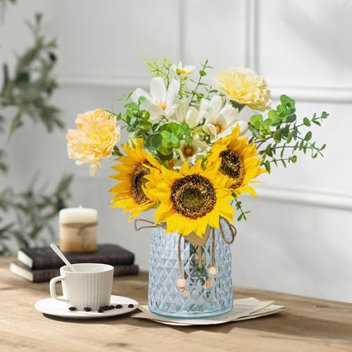 Künstliche Blumen mit Glasvase, künstlicher Blumenstrauß, künstliche Sonnenblume in Vasen für Heimdekoration, Blumen, moderne Heimdekoration, Tischdekoration, Blumenvase für Abendessen, Büro. Gelb