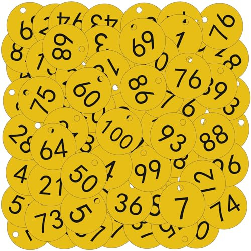 OFFCUP Plastic Number Tags, 100pcs Engraved Numbered Tags, ID Discs for Hotel Mailbox Gym School Office (1-100 Yellow)