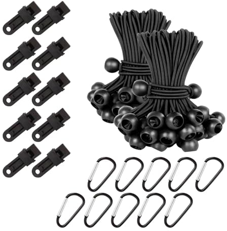 20 Pezzi Nero Corde Bungee a Sfera, Conveniente Corde Elastiche con Sfere, Bungee Ball in Gomma con 10 Clip di Fissaggio/10 Ganci, Tenditori Elastici per Telone Campeggio Carico