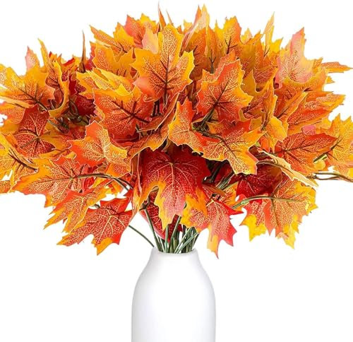 Lot de 4 paquets de fleurs d'automne artificielles - Décoration d'automne - Feuilles d'érable - Simulation d'automne en plastique - Bouquet d'automne artificiel - Feuilles d'érable pour Thanksgiving
