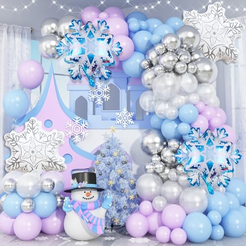 Winter Wonderland Balloon Arch Garland Kit, 141Pcs Pastel Purple Blue White Metallic Silver Winter Wonderland Balloon Arch with Snowflake Foil Balloon for Birthday Party Christmas Princess Decorations