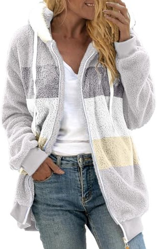 Teddy Fleecejacke Damen Oversized, Winterjacke Damen Grosse Grössen Plüschjacke Mit Kapuze Warm Hoodie Pullover Reißverschluss Kapuzenjacke Gestreiftes Kapuzenmantel Wintermantel Kapuzenpullover