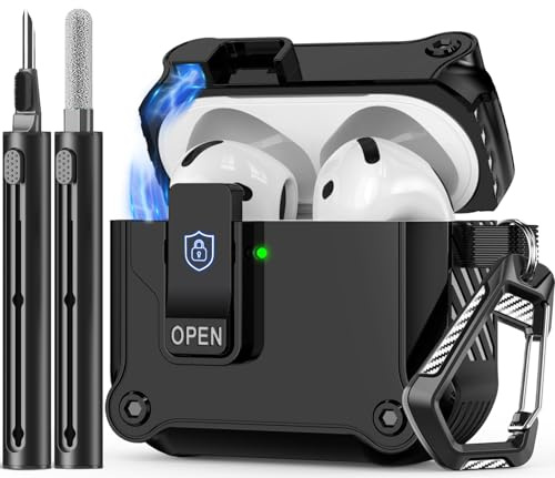 Inesore Compatible with AirPods 4 Hülle, Automatic Snap Switch Secure Case for Apple Air Pods 4 (2024/ANC), with Cleaner Kit and Carbon Fibre Design Carabiner, Black | Schutzhülle aus TPU und Polycarbonat, stoßfest, kompatibel mit AirPods 4, mit Reinigungsstift, Karabiner