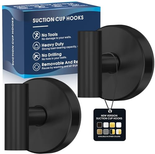 MOTAIPEAK Suction Cup Hooks for Shower, Removable Shower Suction Hooks for Inside Shower, No Drill Towel Hooks for Bathroom Glass Mirror Tile, Waterproof Rustproof Robe & Loofah Hooks, Black, 2 Pack