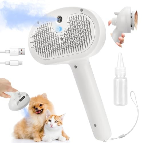 Sweetone Katzenbürste mit Dampf, 3 in 1 Dampfbürste Katze, Katzen Bürste mit Spray für Langhaar und Kurzhaar Katzen Hunde, Katzenhaarbürste mit Auslöseknopf zum Entfernen von Losem Fell und Massage