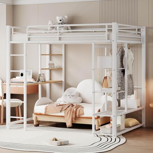 PUGSDRLY Lit Mezzanine 2 Places, 140x200cm avec Bureau, Escalier, Porte-vêtements et Étagère de Rangement, pour Adolescent et Adulte, Cadre de Lit en Fer Blanc