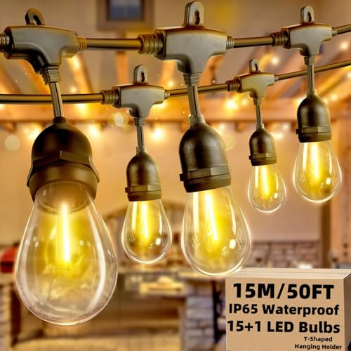AzureStar Outdoor String Lights 15M/50FT IP65 Festoon Lights Outdoor Mains Waterproof Outside Lights with 15+1 Shatterproof 2700K S14 E27 Bulbs for Garden Pergola Backyard, Linkable