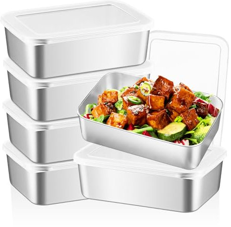 BORDEAG 6 Pezzi Salvafreschezza Con Coperchio, 1100ml Salvafreschezza In Acciaio Inox Con Coperchio, Contenitori Per Alimenti In Acciaio Inox Con Coperchio, Per Carne, Formaggio, Frutta E Verdura