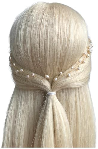 ONDEGO® Braut Haardraht Gold 35 cm – Flexibler Haarschmuck mit Elfenbein Perlen – Vintage Haarkranz für Hochzeit Brautfrisur Haarschmuck festliche Anlässe