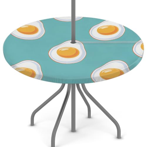 Woltant Tovaglia rotonda con foro per ombrellone e cerniera, facile da pulire, con bordi elastici, protezione per tavolo da giardino, patio, barbecue (uova fritte carine)