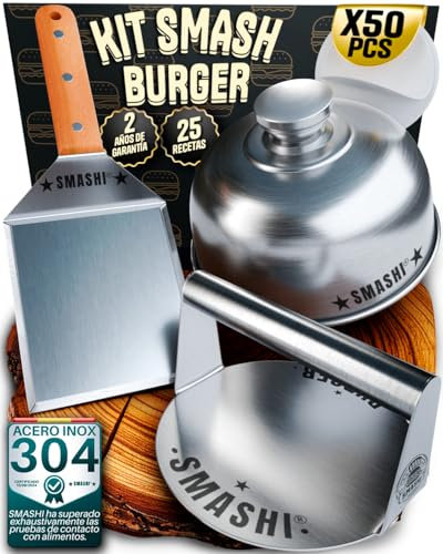 SMASHI® Smash Burger Kit Profesional Acero Inoxidable 304 Certificado EU Contacto Alimentos | Prensa Hamburguesas + Espátulas con Mango de Madera + Accesorios | Incluye 25 Recetas (Experto)