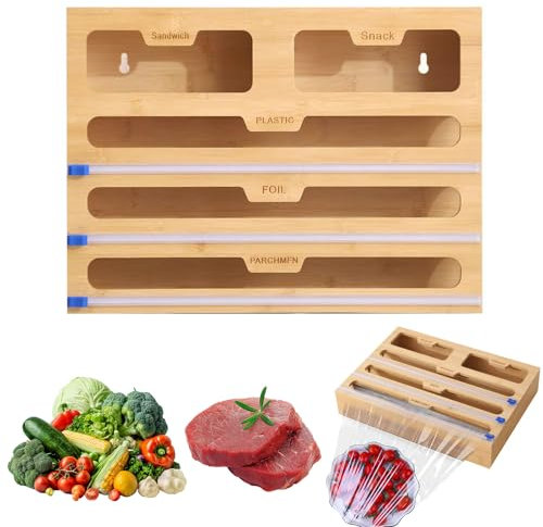 Bamboo Foil Dispenser and Cutter, 5-in-1 Foil Cutter, Foil Film Dispenser and Cutter, Kitchen Roll Cling Film and Foil Organiser, for Aluminum Foil, Parchment Paper, Wax Paper