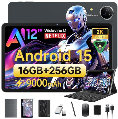 FEONAL Android 15 Tablet 12 Zoll 2K Display Helio G99 Gaming Tablet mit Tastatur/Stift/Maus, Gemini AI, 16(8+8) GB RAM+256GB ROM (2TB TF), 5G WiFi Tablets-PC, 21MP/9000mAh/Widevine L1/GPS/BT5 - Grau