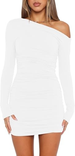 Wenrine - Abito da Donna Sexy, Senza Spalline, a Maniche Lunghe, Mini Abito da Festa, con Volant, Bodycon, da invitata a Matrimonio, Abito da Cocktail, Bianco, L