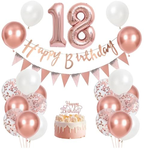 Rose Gold 18th Birthday Decorations Set With Large Number Foil Balloons, Banner & Cake Topper - Elegant Metallic Glitter Set For 18th Birthday Celebrations and Decor