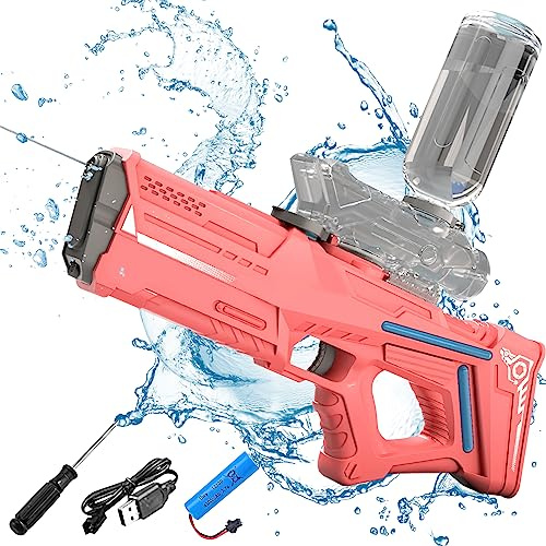 Wasserpistole Elektrisch, 300ML 2 in 1 Wasserspritzpistole mit LED Licht, Anschließbar Wasserflasche, Wasserpistole Erwachsene und Kind für Pool, Garten, Strand (Rot)