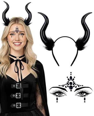 PartyforU 2 Stück Teufelshörner Faschingskostüme Teufel Kostüm Damen Dunkelgotische Hornbänder mit Gesichtsjuwelen für Frauen Karneval Halloween Cosplay