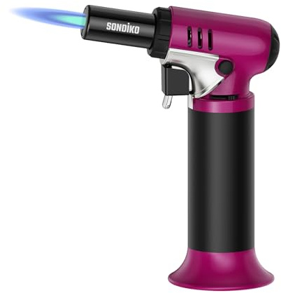Sondiko Küchenbrenner Profi S907, Nachfüllbarer Flambierbrenner mit Brennstoffanzeige, Regulierbare Flamme Crème Brûlée Brenner, Gasbrenner für Küche, Backen, Rosa & Schwarz (Butan Nicht Inbegriffen)