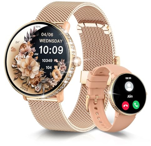 LES FLEURS 1,54 HD AMOLED Smartwatch Damen Anrufe Annehmen/Tätigen, IP68 Fitness-Tracker mit Schlaf-Herzfrequenz-SpO2-Blutdruckmessung, Fitnessuhr Damen Kompatibel mit iOS Android, 2 Bändern