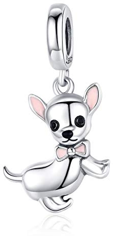 Chihuahua-Hund-Charm für Pandora-Armband,925er Sterling Silber süßer Welpen-Anhänger mit rosa Emaille-Schleife