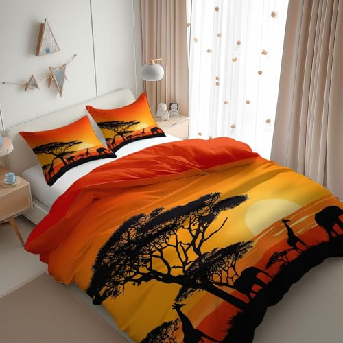 Ensemble de Literie 3 Pièces, Microfibre Douce Housse de Couette 240 x 260 cm Silhouette Rétro Prairie Coucher De Soleil Couleur Orange Parure de Lit Zippée et 2 taie d'oreiller, pour filles garçons