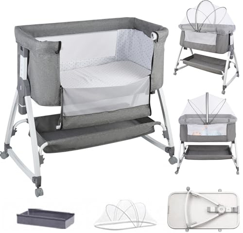homewell 2 in 1 Beistellbett Baby & Babywiege mit Moskitonetz, Stubenwagen Baby Faltbar, 6 Fach Höhenverstellung und Neigungsverstellung, Seiten aus Netz, für Zuhause und Unterwegs (Grau)