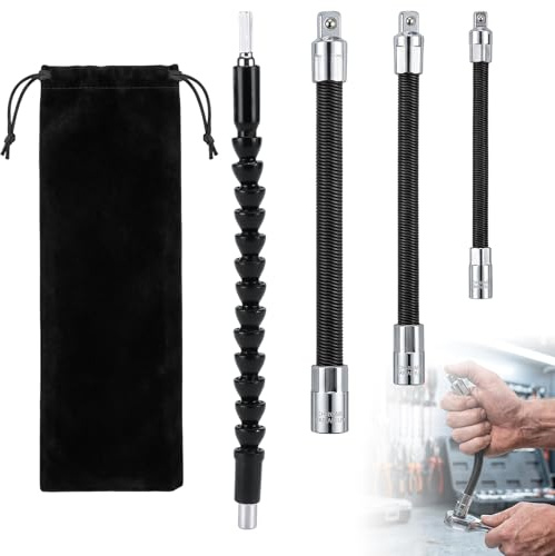4Pcs Flexible Socket Extension, 3/8 with 1/4 and 1/2 Flexible Drill Bit Extension, Drill Bit Extender Impact Screwdriver Socket Extension