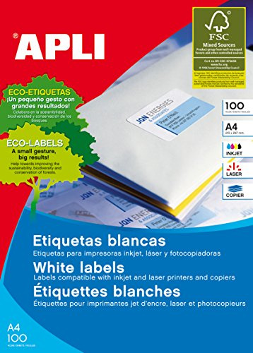 APLI 1299 - Etiquetas blancas permanentes adhesivas imprimibles, Inkjet-Laser-Copy, tamaño etiqueta 105 x 29 mm, cantos rectos, pack de 100 hojas A4 (2000 etiquetas), ideal para sobres